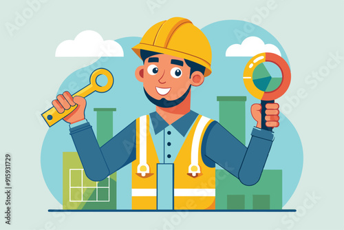 A construction worker smiles while holding keys and tools, ready to assist in a city development project under a clear blue sky