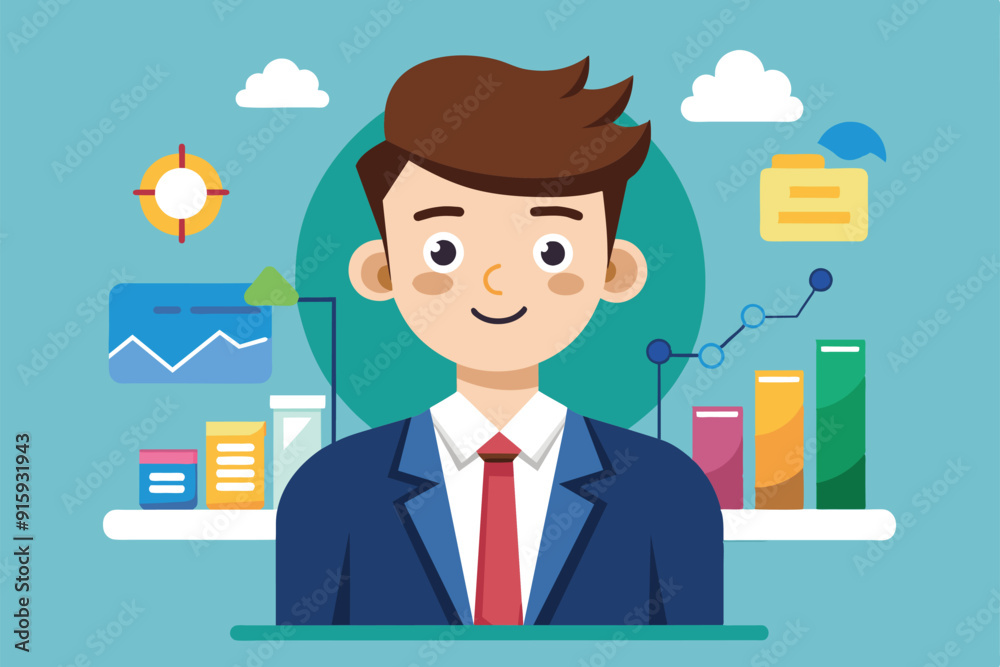 A cheerful consultant stands in a vibrant office, surrounded by charts and graphs, actively analyzing data to assist clients with tailored solutions A cheerful consultant stands in a vibrant office, surrounded by charts and graphs, actively analyzing data to assist clients with tailored solutions