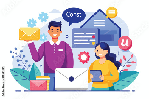 Two professionals discuss contact strategies, holding devices and surrounded by relevant icons and elements that enhance communication