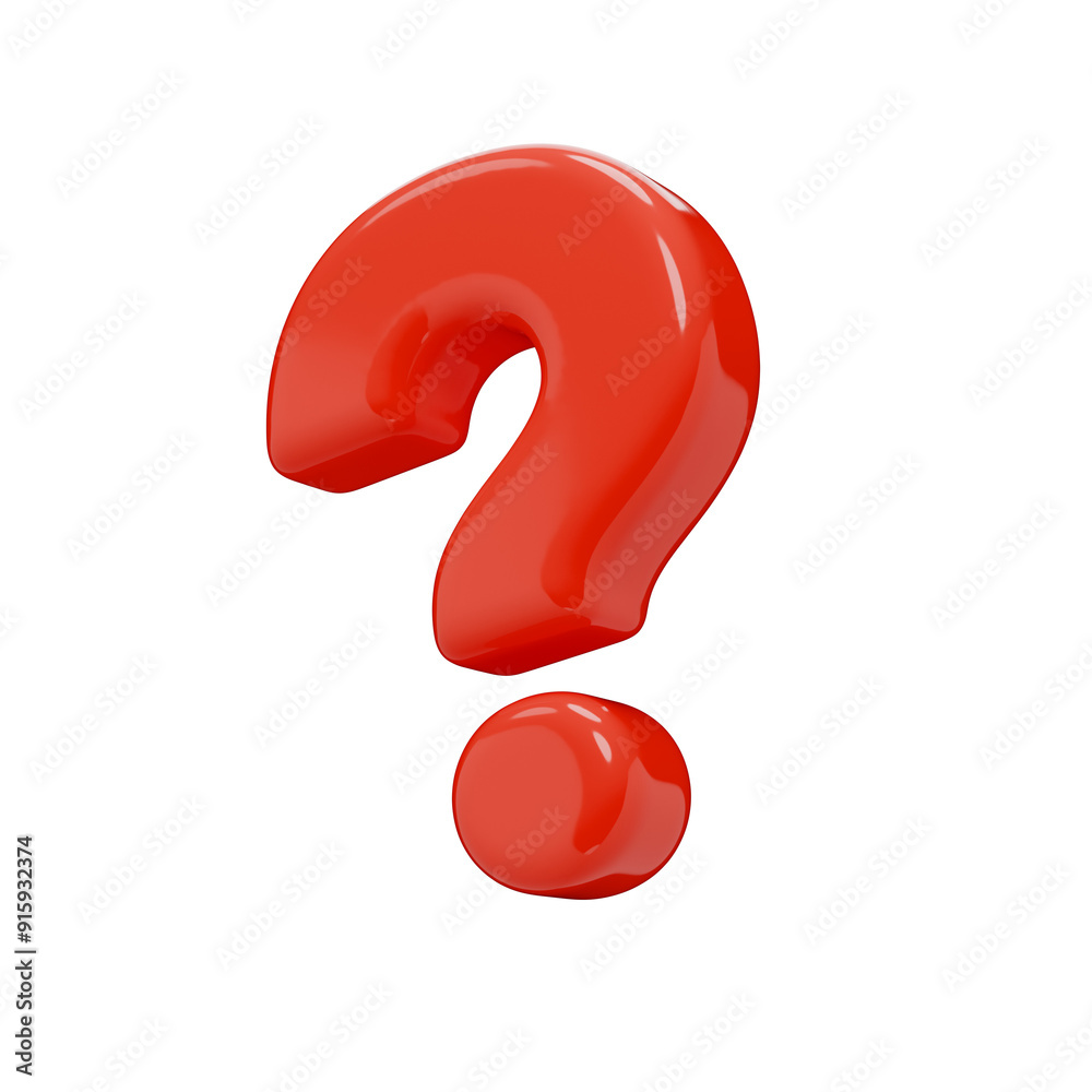 Question mark symbol. Punctuation mark isolated on a transparent background. 3D render of a sign in red plastic with a glossy texture. Question mark symbol. Punctuation mark isolated on a transparent background. 3D render of a sign in red plastic with a glossy texture.