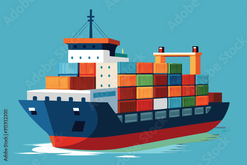 A customizable cartoon illustration of a container ship cruising smoothly across calm waters on a sunny day, featuring vibrant shipping containers