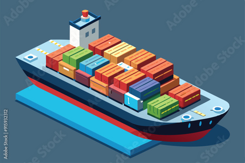 A brightly colored container ship is loaded with cargo containers, anchored at a vibrant port under a clear blue sky