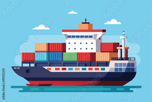 A large container ship loaded with colorful cargo containers navigates tranquil waters under a clear blue sky