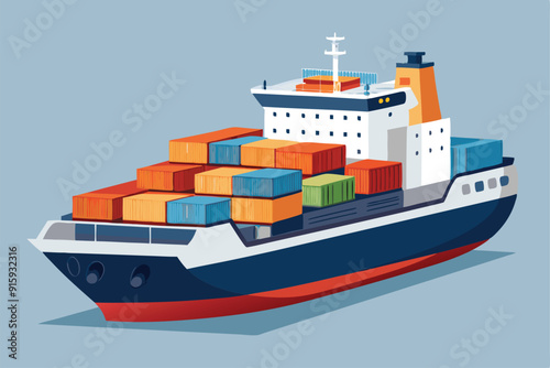 A detailed illustration of a container ship carrying vibrant cargo containers, showcasing maritime transport in a serene environment