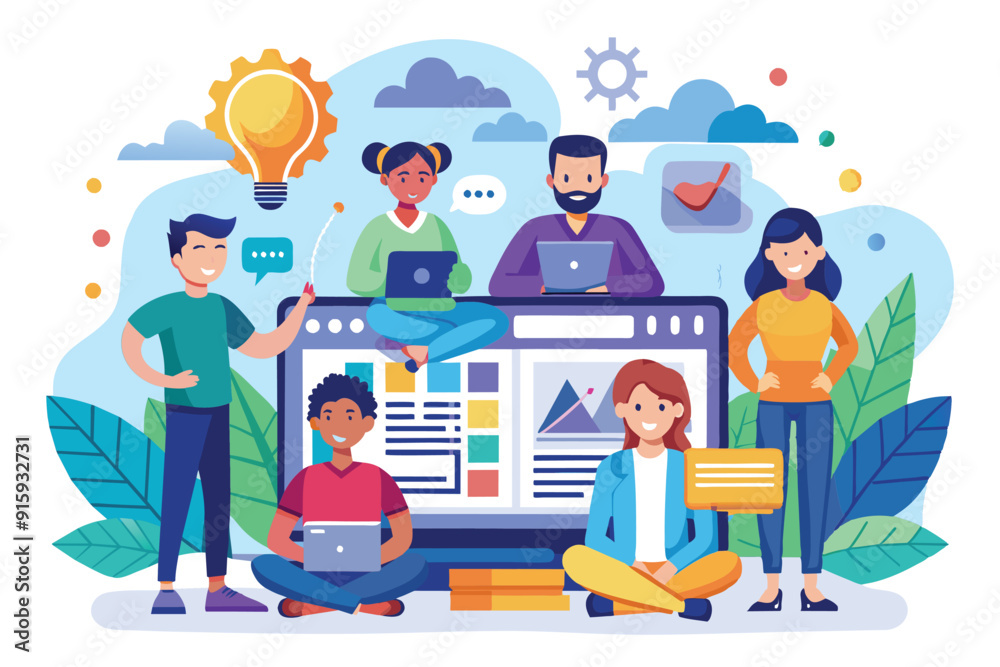 A diverse group of professionals is brainstorming and working on laptops, sharing ideas in a vibrant, collaborative environment A diverse group of professionals is brainstorming and working on laptops, sharing ideas in a vibrant, collaborative environment