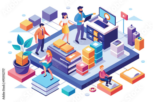 A diverse team works together in a vibrant customizable workspace, engaging with books, technology, and each other to enhance creativity and productivity