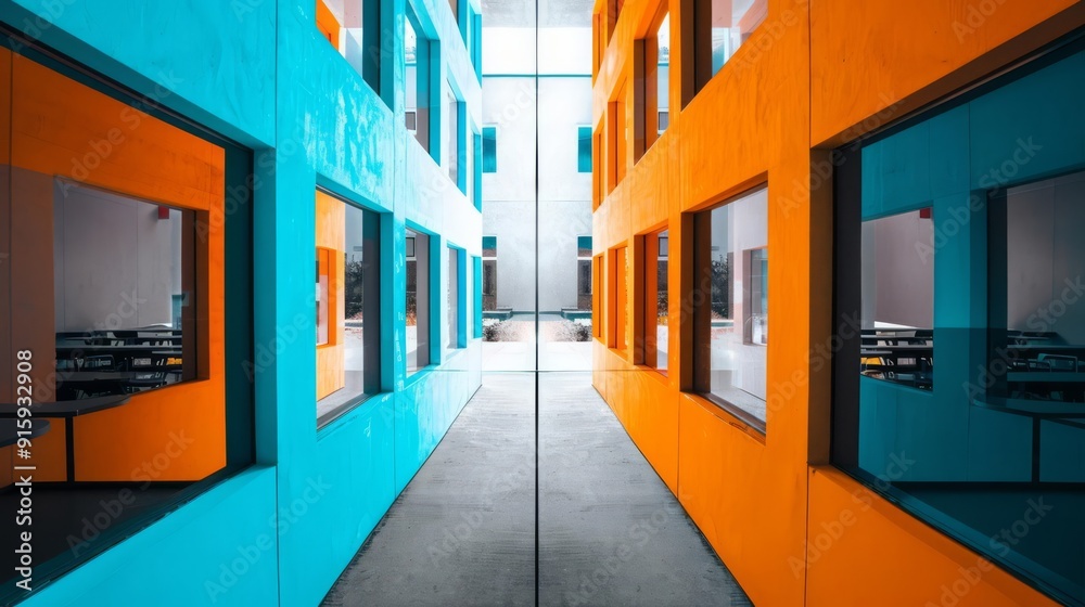 Fototapeta premium Top view of a split educational facility, one side teaching ethical science blue and the other side teaching unethical practices orange, contrasting and striking