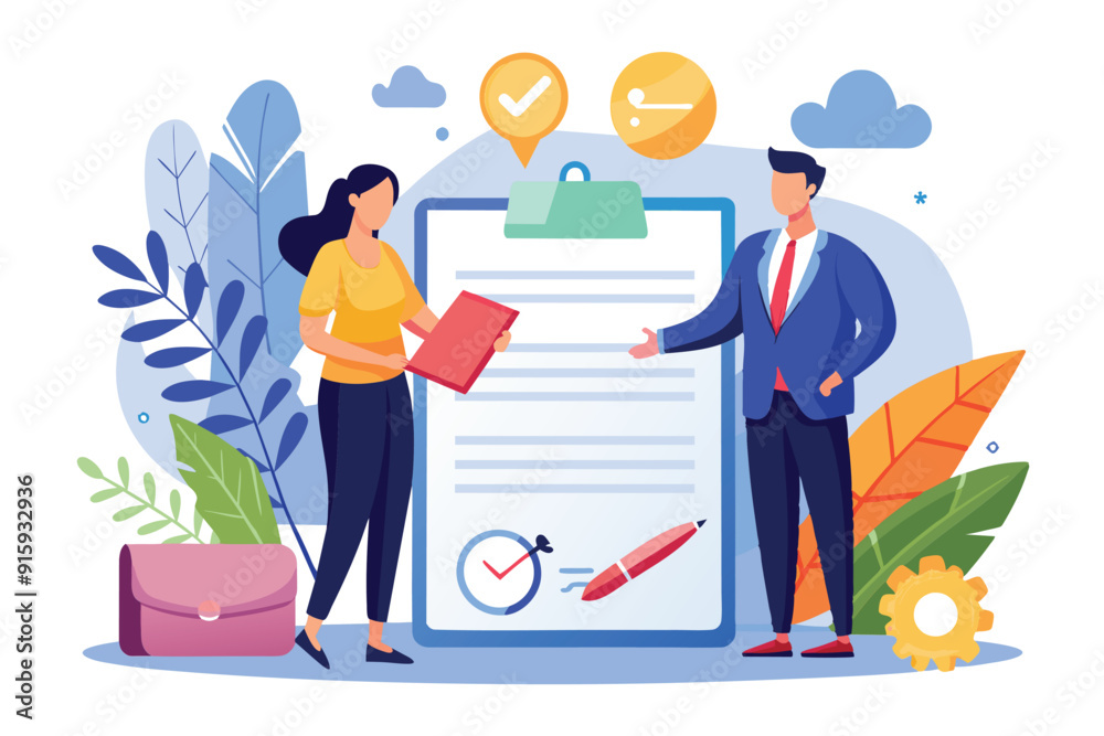 Fototapeta premium Two business professionals discuss and finalize a contract agreement with a clipboard and documents present in a contemporary office environment