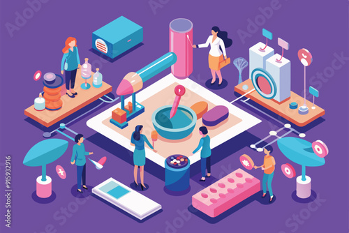 A detailed isometric illustration showcasing various customizable contraception methods, highlighting different tools, users, and activities in a healthcare setting
