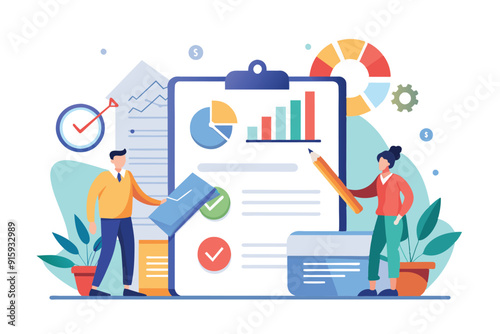Professionals collaborate on contract approval, utilizing charts and documents to enhance company business strategy and decision-making