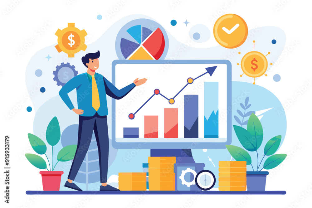 A professional presents a growth chart on a computer, showcasing business profit trends with colorful graphics and financial symbols in a modern office environment A professional presents a growth chart on a computer, showcasing business profit trends with colorful graphics and financial symbols in a modern office environment