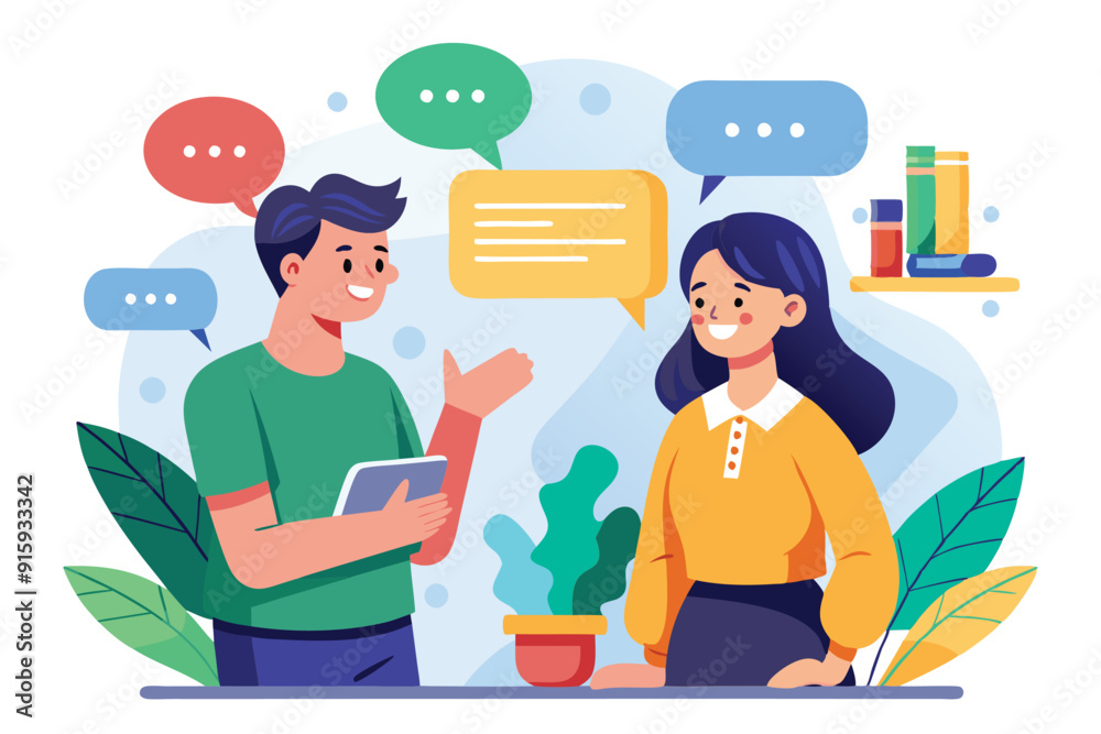 Two individuals are having a lively discussion with speech bubbles above them in a cheerful office environment Two individuals are having a lively discussion with speech bubbles above them in a cheerful office environment
