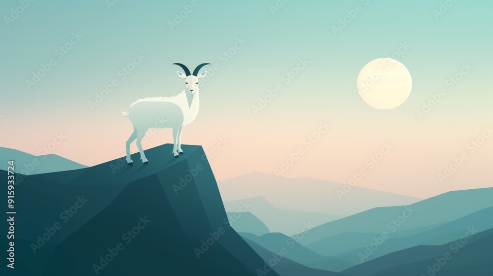 Fototapeta premium 2D illustration of a goat on a mountainside with basic shapes on a neutral colored background in a simplicity of drawing in a minimalist vector style