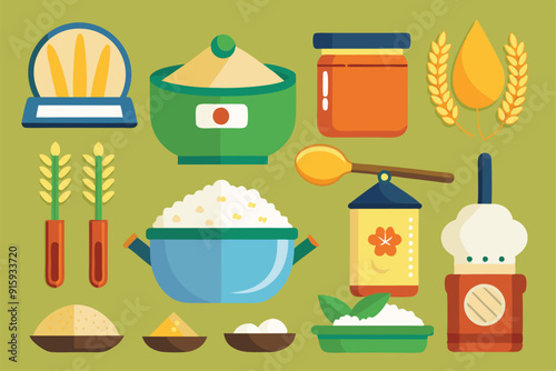 A collection of cooking rice icons showcasing various ingredients, tools, and containers used in rice preparation and serving