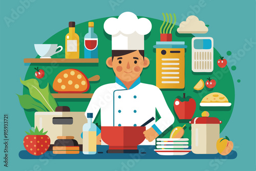 A chef skillfully combines fresh ingredients while surrounded by various kitchen items, creating a vibrant cooking atmosphere