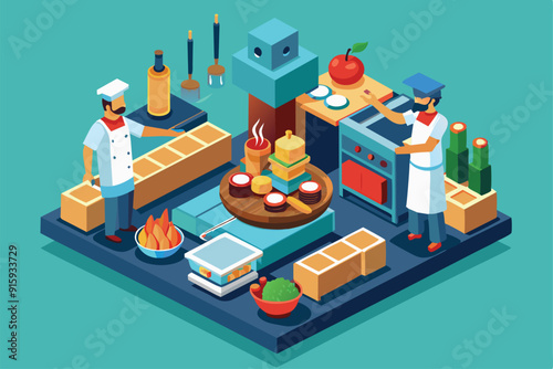 Two chefs collaborate in a vibrant kitchen, preparing various dishes using fresh ingredients and kitchen tools