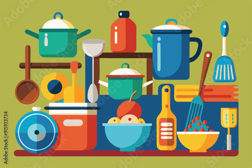 A variety of cookware and kitchen utensils are organized neatly on shelves, showcasing diverse colors and tools for culinary adventures