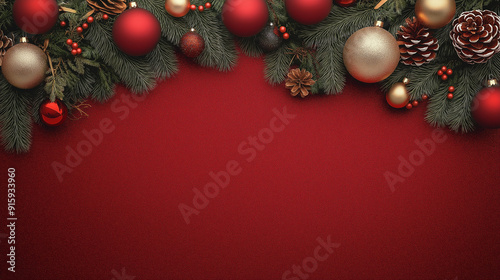 Christmas Border with Ornaments and Pine Cones on Red Background for Holiday and Festive Decoration Themes photo