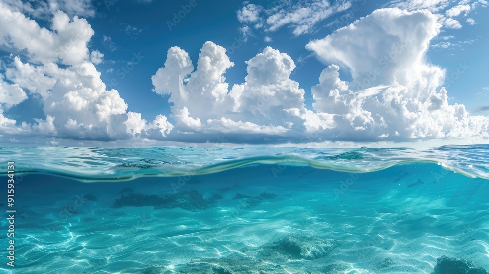 Obraz premium Sunny and cloudy sky above blue sea and underwater