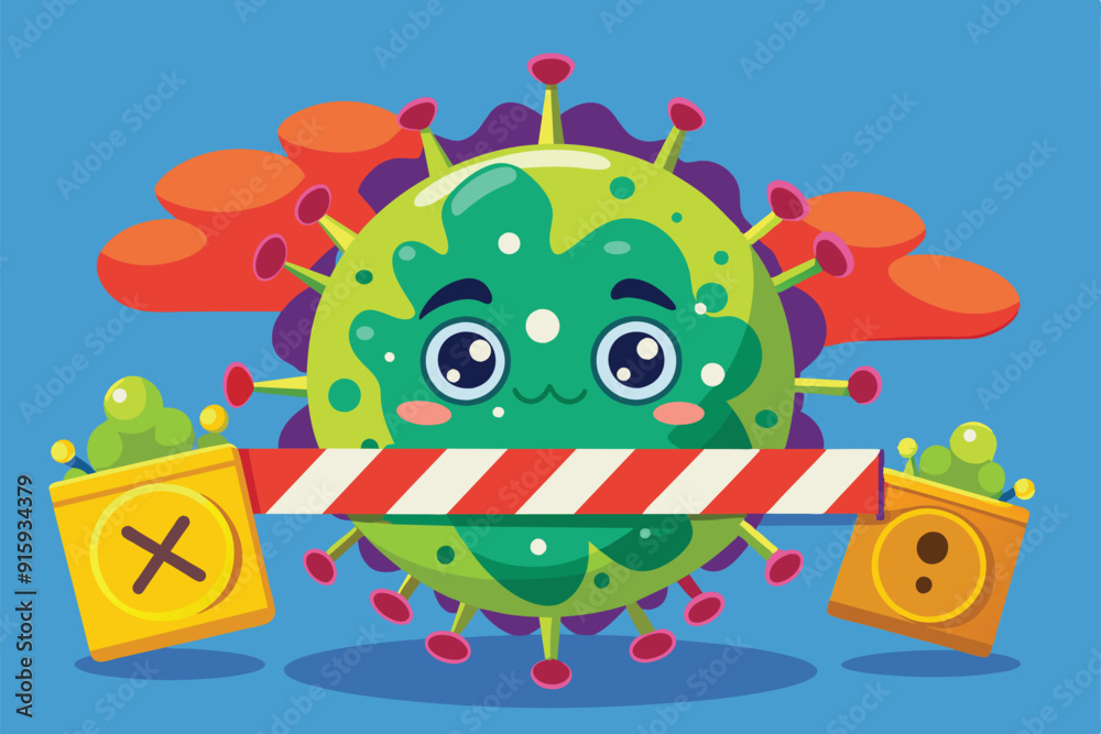 Fototapeta premium A playful cartoon illustrating a coronavirus character blocking a border with caution signs and vibrant backgrounds, highlighting the impact of health measures