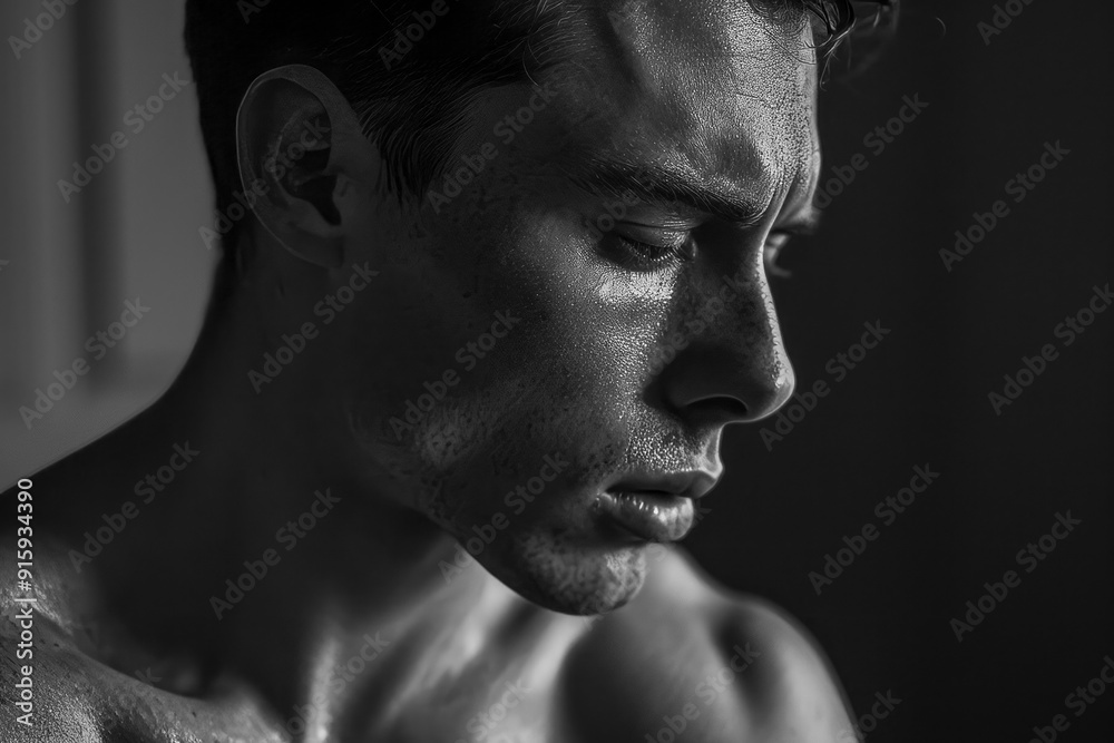 Close-up of man's face with dramatic lighting in black and white Close-up of man's face with dramatic lighting in black and white