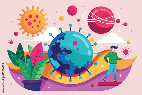 A person wearing a mask walks past stylized representations of viruses and planets, symbolizing the ongoing coronavirus second wave and its effects