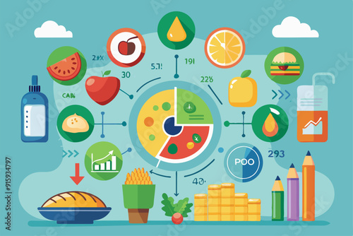 This visual outlines various food items, their nutritional data, and energy value, presenting a colorful guide to healthy eating choices