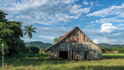 Old wooden barn in a green landscape under a blue sky with scattered clouds