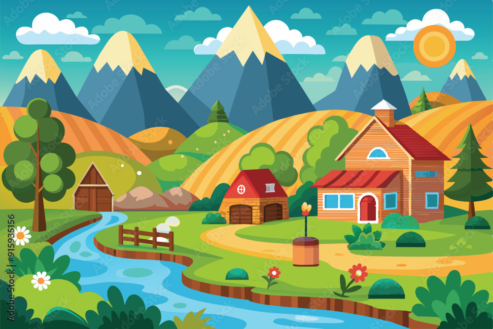 Fototapeta premium A charming cartoon countryside filled with colorful cottages, a winding river, and distant mountains, showcasing a sunny day of tranquility and natural beauty