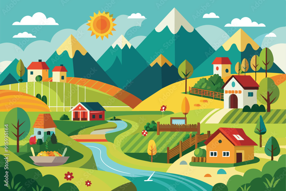 A picturesque countryside setting features rolling hills, charming houses, a flowing river, and vibrant greenery illuminated by the sun A picturesque countryside setting features rolling hills, charming houses, a flowing river, and vibrant greenery illuminated by the sun