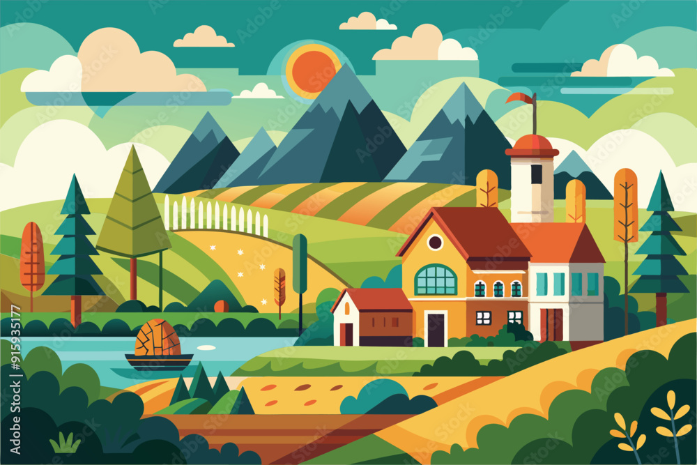 A serene countryside setting features hills, mountains, a tranquil lake, and a charming house surrounded by trees and fields under a bright sun