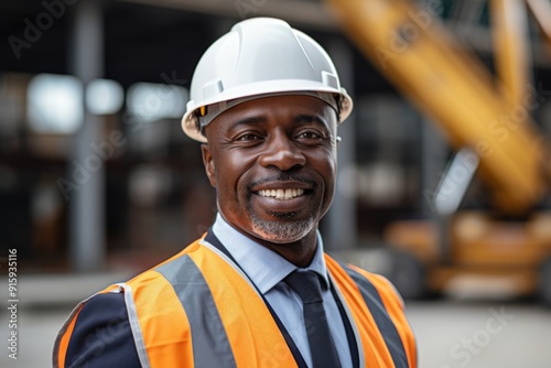 Smiling portrait of a middle aged African American male engineer on construction site