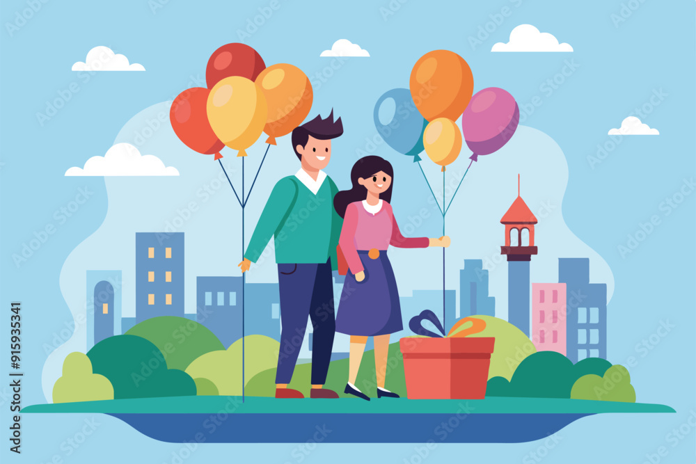 A happy couple holds colorful balloons while standing next to a gift in a lively city park under a bright blue sky