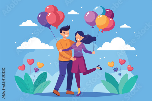 A joyful couple floats in the air, holding colorful balloons, surrounded by vibrant flowers and fluffy clouds during a magical evening