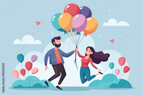 A couple joyfully floats among colorful balloons, surrounded by a charming landscape with blue skies and soft clouds