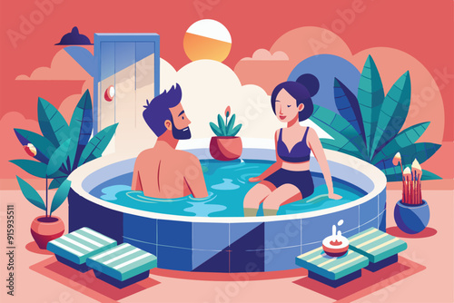 A couple enjoys a relaxing time together in a bubbling jacuzzi, surrounded by tropical plants as the sun sets in the background