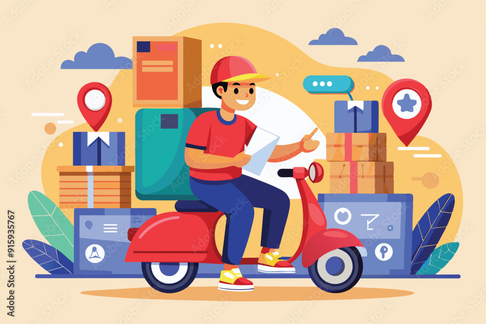 A courier rides a scooter, delivering packages, surrounded by stacked boxes and location markers, showcasing efficient order fulfillment A courier rides a scooter, delivering packages, surrounded by stacked boxes and location markers, showcasing efficient order fulfillment