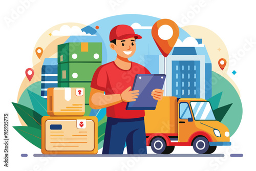 A courier stands outside, preparing to deliver packages amidst colorful boxes and a delivery truck, surrounded by greenery in an urban environment
