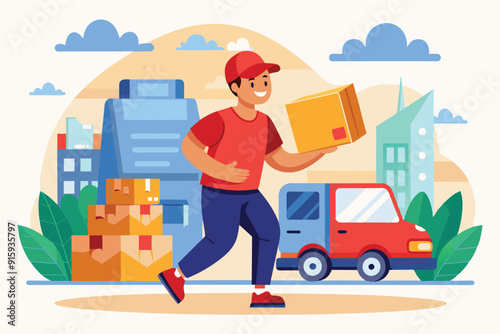 A courier is actively delivering parcels in an urban setting, with a van parked nearby and buildings in the background