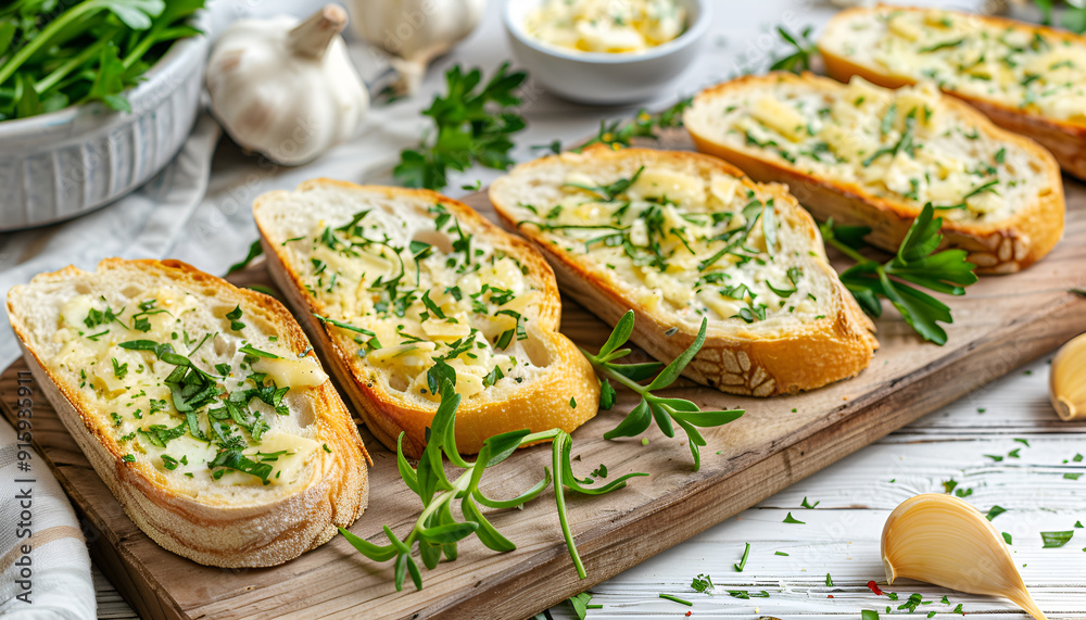 Garlic bread - baguette slices, garlic butter, herbs, wood board, white wood background