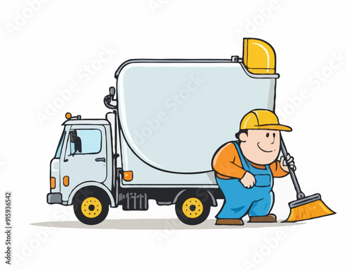 Cartoon funny looking cistern truck street cleaner with worker on white background 