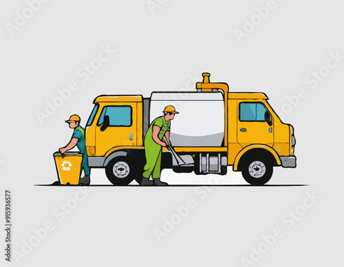 Cartoon funny looking cistern truck street cleaner with worker on white background 