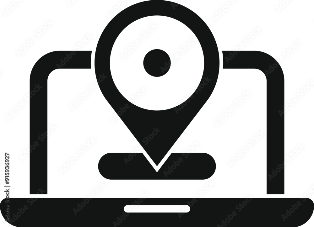 Black and white icon of a location pin appearing from a laptop screen, representing the concept of delivery tracking and online order following Black and white icon of a location pin appearing from a laptop screen, representing the concept of delivery tracking and online order following