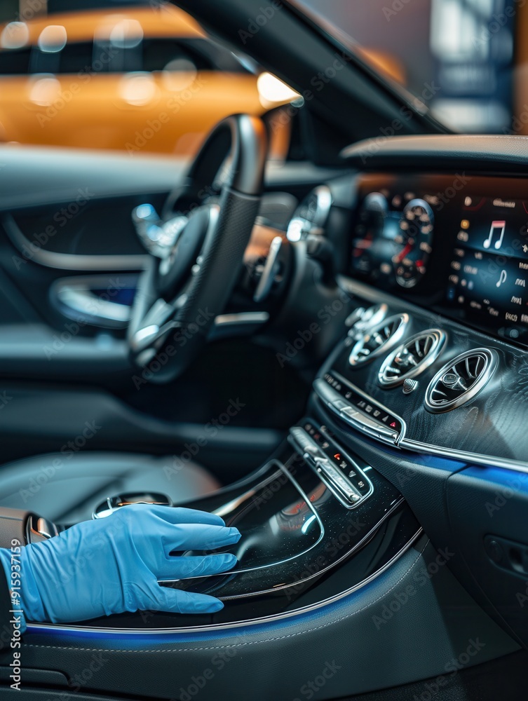 Obraz premium A detailer in blue gloves works diligently to clean and polish the dashboard and console of a luxury car inside an auto service area. Generative AI