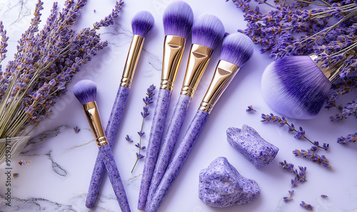 Elegant Makeup Brushes with Lavender Flowers and Golden Accents for Beauty and Cosmetic Photography in Purple and Gold Themes photo