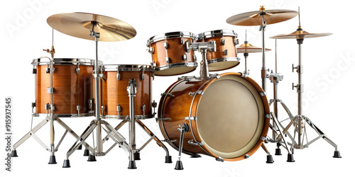 Full drum set with wooden finish and cymbals isolated on transparent background photo