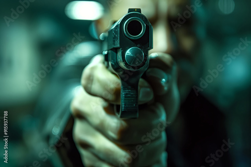 Close-Up Portrait of Man Aiming Pistol in Indoor Shooting Range at Dusk