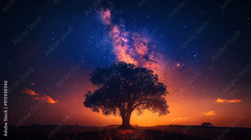 Majestic Tree Under Starry Night Sky with Milky Way for Nature and ...