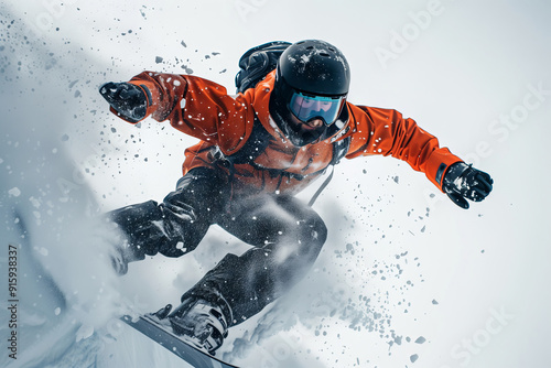 Dynamic Snowboarder Performing an Aerial Jump Against a Snowy Background During Winter photo