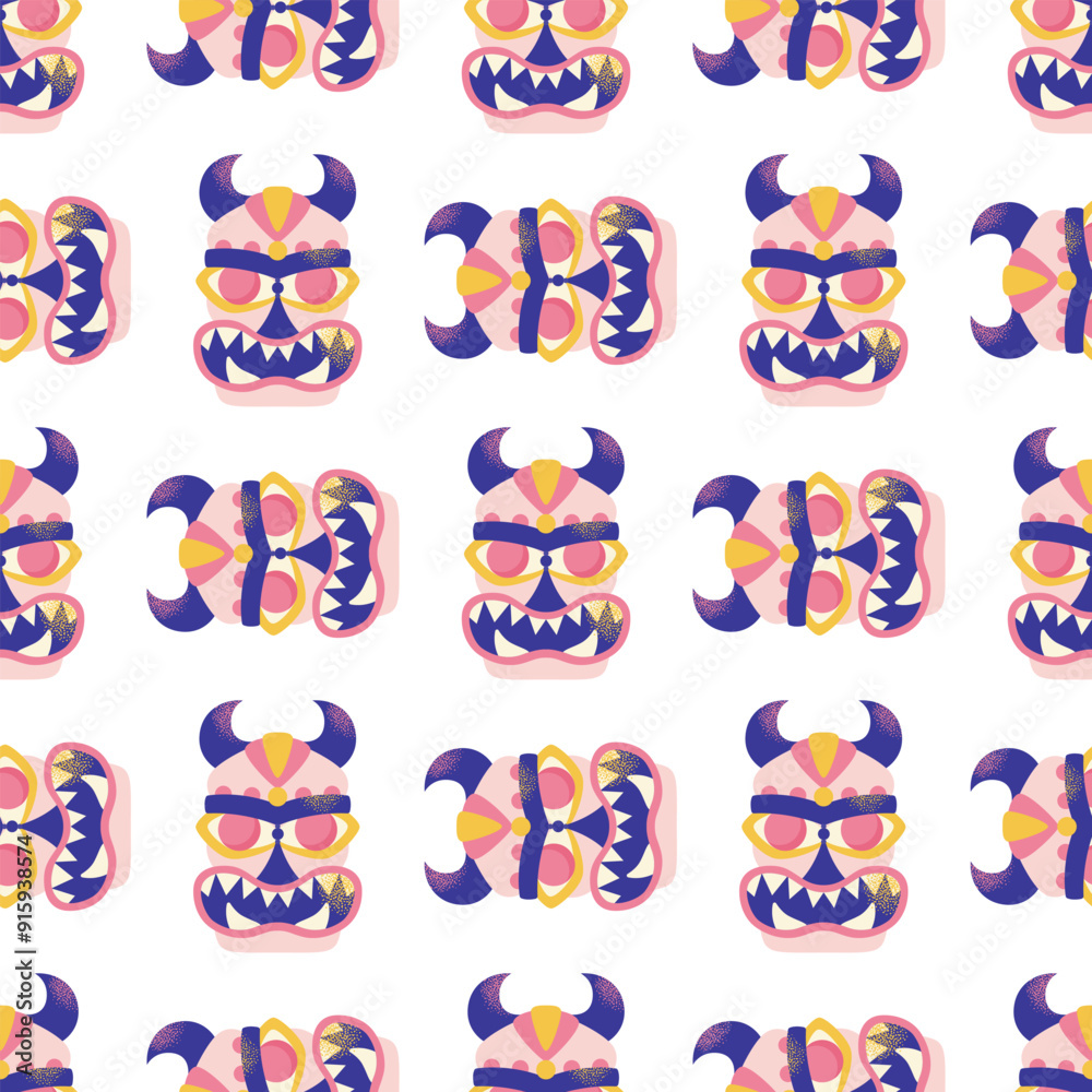 Seamless pattern with tiki masks. Cartoon ceremonial tiki totem masks, Wooden Totems, Ornamental Hawaiian Mask, African Mask Sculpture. Vector illustrations masks isolated on background